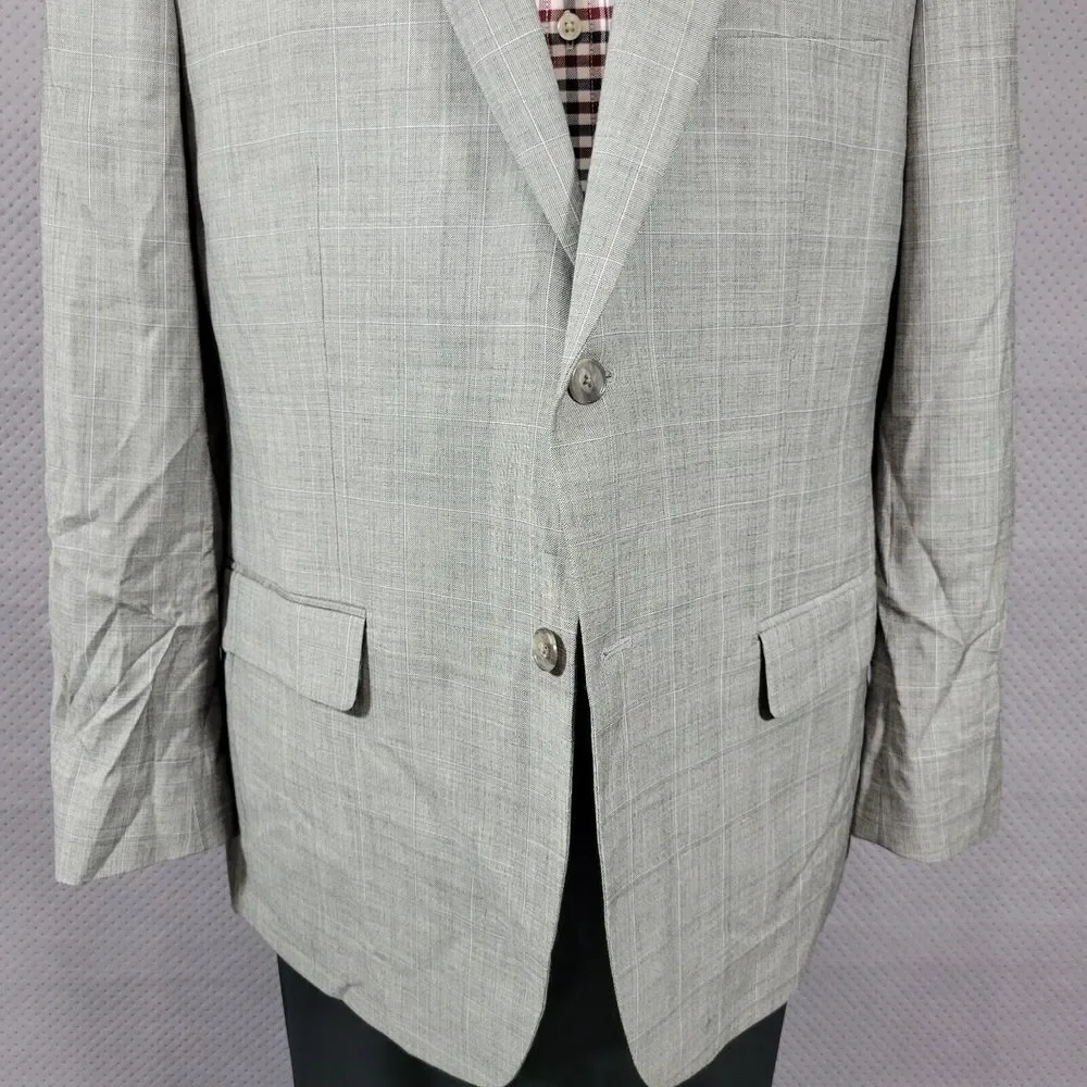 Tasso Elba Men's Sport Coat Blazer‎ Two Button Gray Plaid Shark Skin Wool 44R
